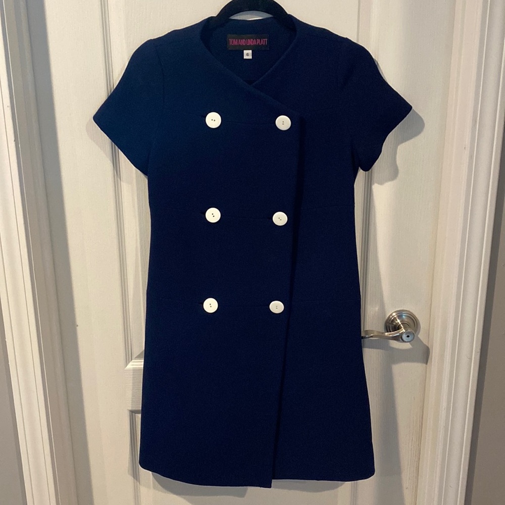 TOM AND LINDA PLATT LUXURY button down navy silk lined dress